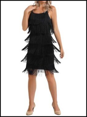 1920s Flapper Tassel Mini Dress with Headband Sleeveless V-Neck Party Costume